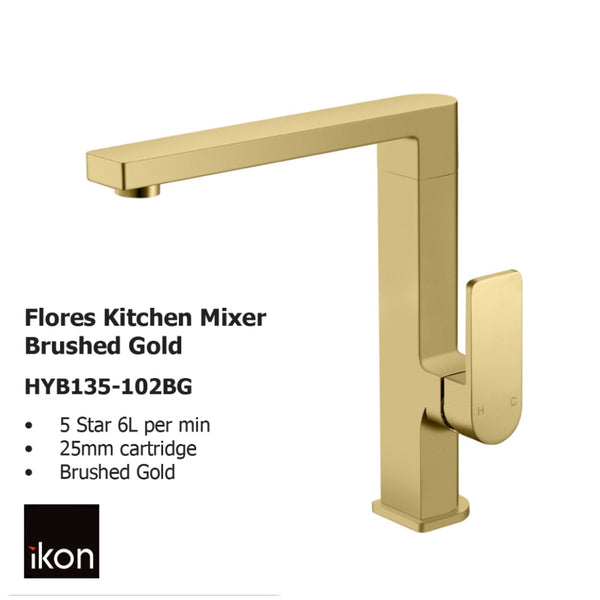 Flores Kitchen Mixer Brushed Gold HYB135-102BG - Bathroom Hub
