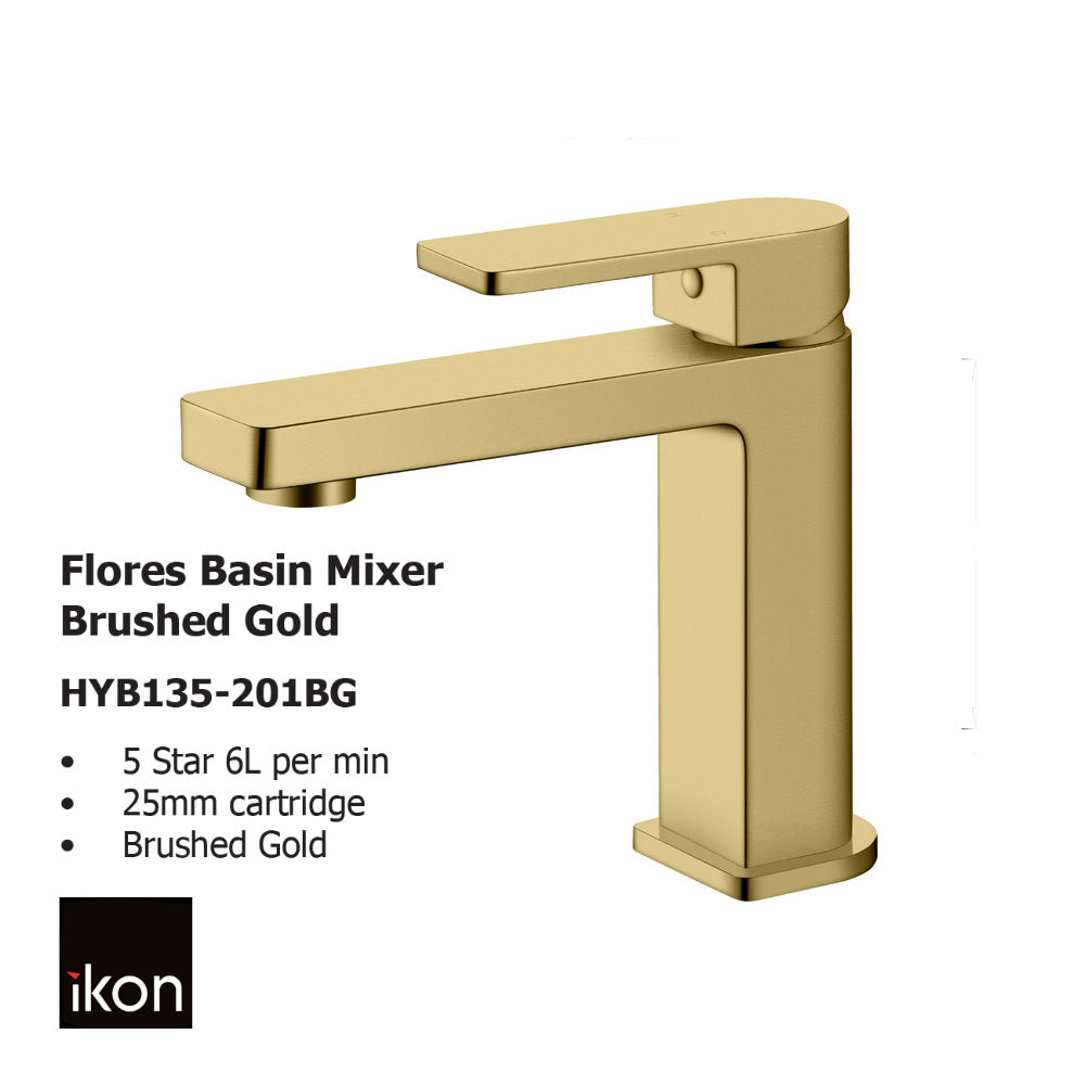 Flores Basin Mixer Brushed Gold HYB135-201BG - Bathroom Hub