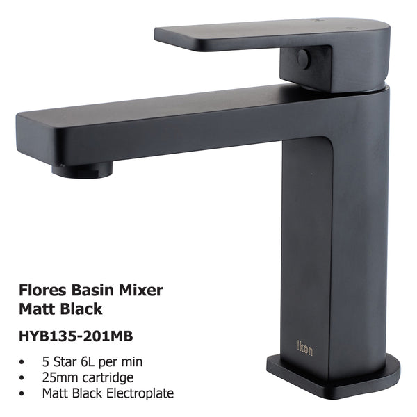 Flores Basin Mixer Matt Black HYB135-201MB - Bathroom Hub