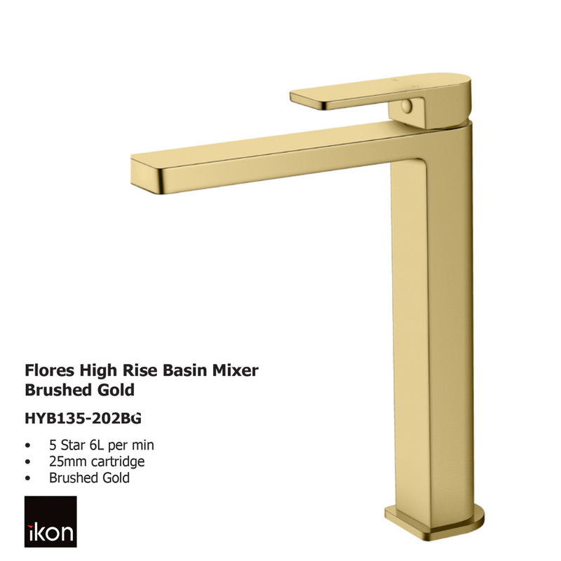 Flores High Rise Basin Mixer Brushed Gold HYB135-202BG - Bathroom Hub