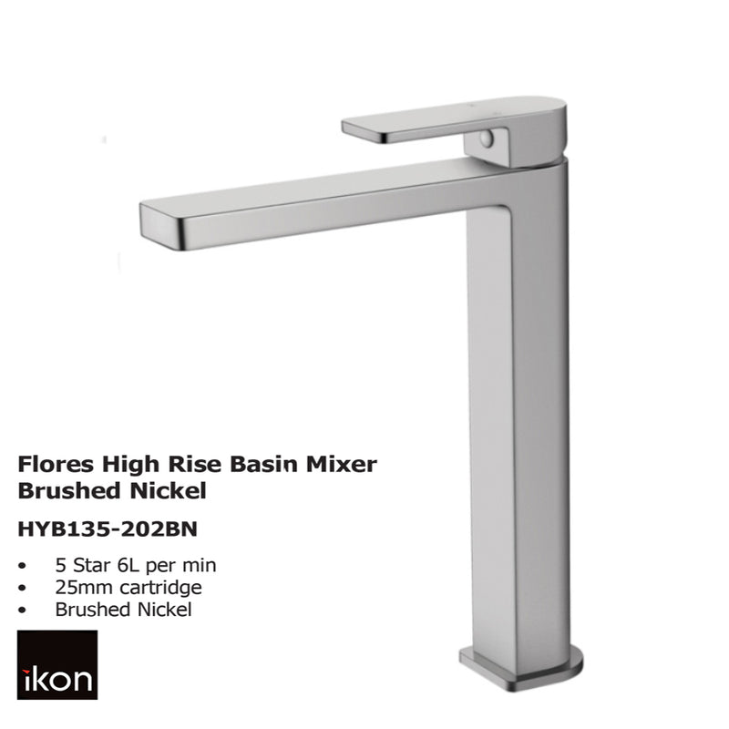 Flores High Rise Basin Mixer Brushed Nickel HYB135-202BN - Bathroom Hub