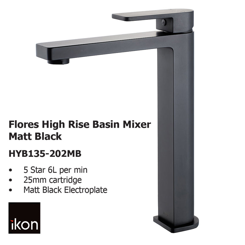 Flores High Rise Basin Mixer Matt Black HYB135-202MB - Bathroom Hub