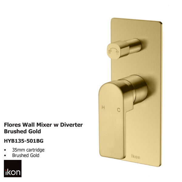 Flores Wall Mixer with Diverter Brushed Gold HYB135-501BG - Bathroom Hub