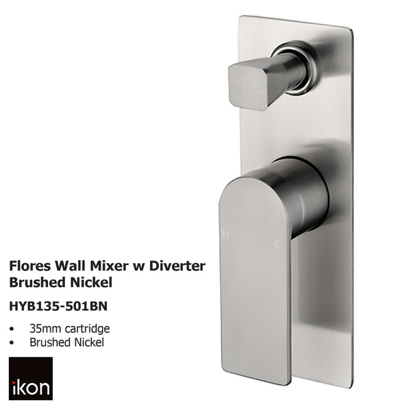 Flores Wall Mixer with Diverter Brushed Nickel HYB135-501BN - Bathroom Hub