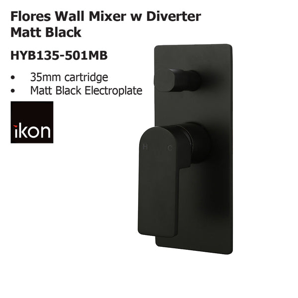 Flores Wall Mixer with Diverter Matt Black HYB135-501MB - Bathroom Hub