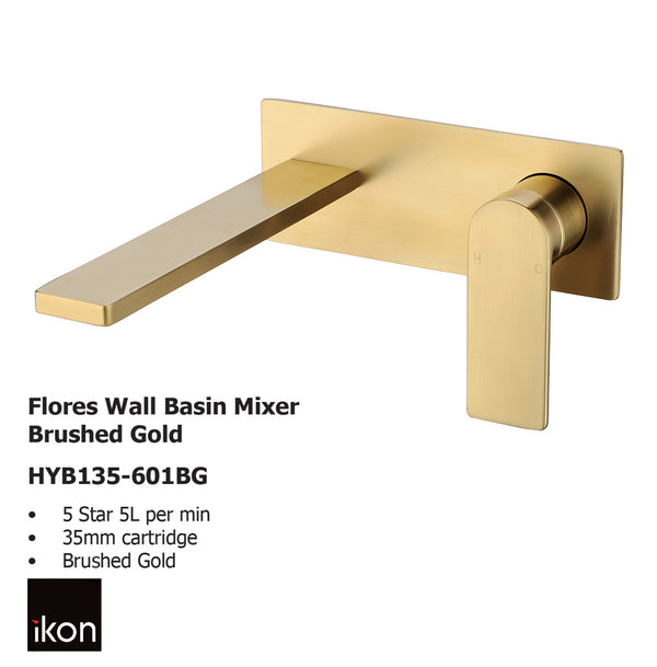 Flores Wall Basin Mixer Brushed Gold HYB135-601BG - Bathroom Hub