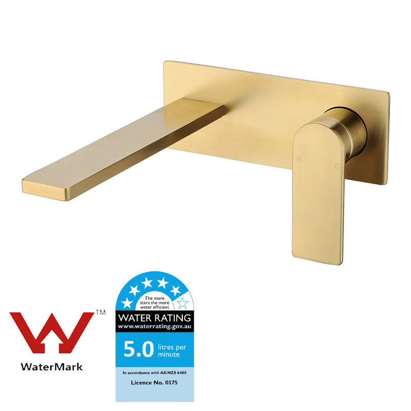 Flores Wall Basin Mixer Brushed Gold HYB135-601BG - Bathroom Hub