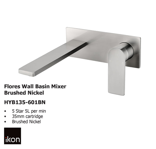 Flores Wall Basin Mixer Brushed Nickel HYB135-601BN - Bathroom Hub