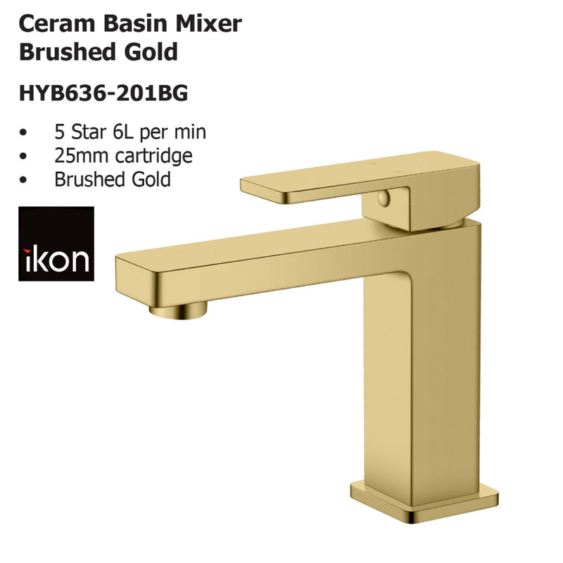 Ceram Basin Mixer Brushed Gold HYB636-201BG - Bathroom Hub