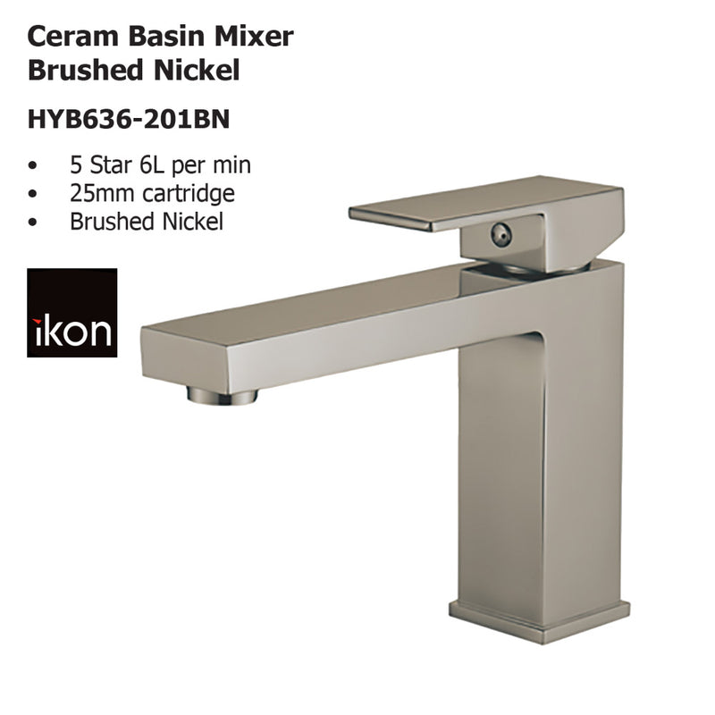 Ceram Basin Mixer Brushed Nickel HYB636-201BN - Bathroom Hub