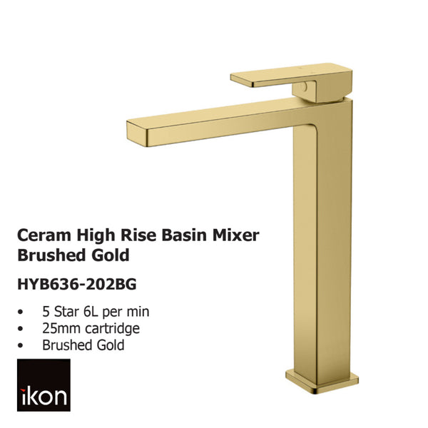 Ceram High Rise Basin Mixer Brushed Gold HYB636-202BG - Bathroom Hub