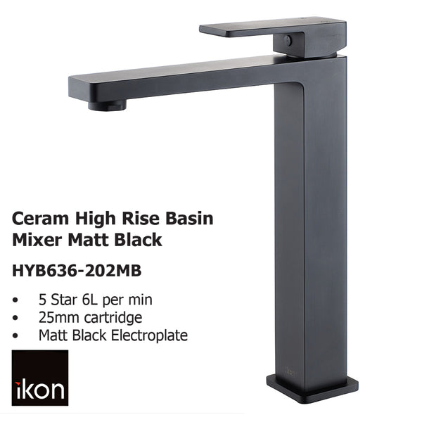 Ceram High Rise Basin Mixer Matt Black HYB636-202MB - Bathroom Hub