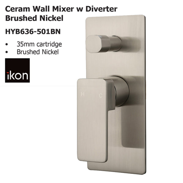 Ceram Wall Mixer with Diverter Brushed Nickel HYB636-501BN - Bathroom Hub