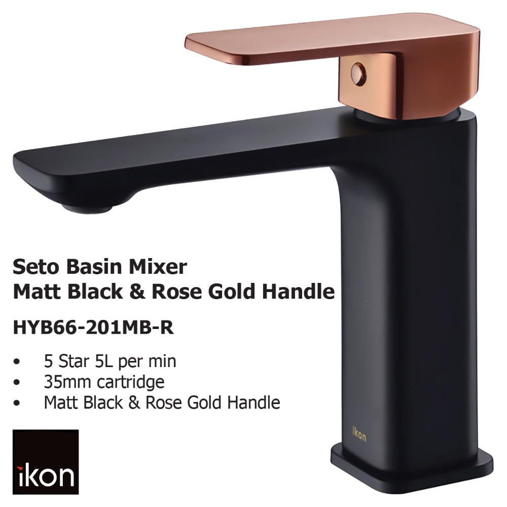 Seto Basin Mixer Matt Black & Rose Gold Handle HYB66-201MB-R - Bathroom Hub