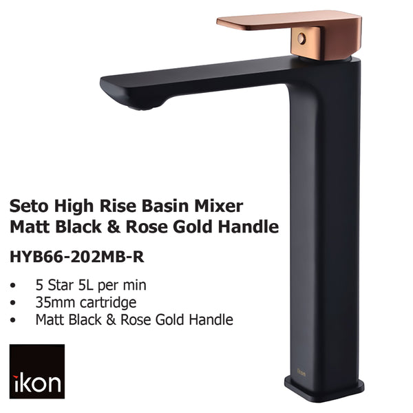 Seto High Rise Basin Mixer Matt Black & Rose Gold Handle HYB66-202MB-R - Bathroom Hub