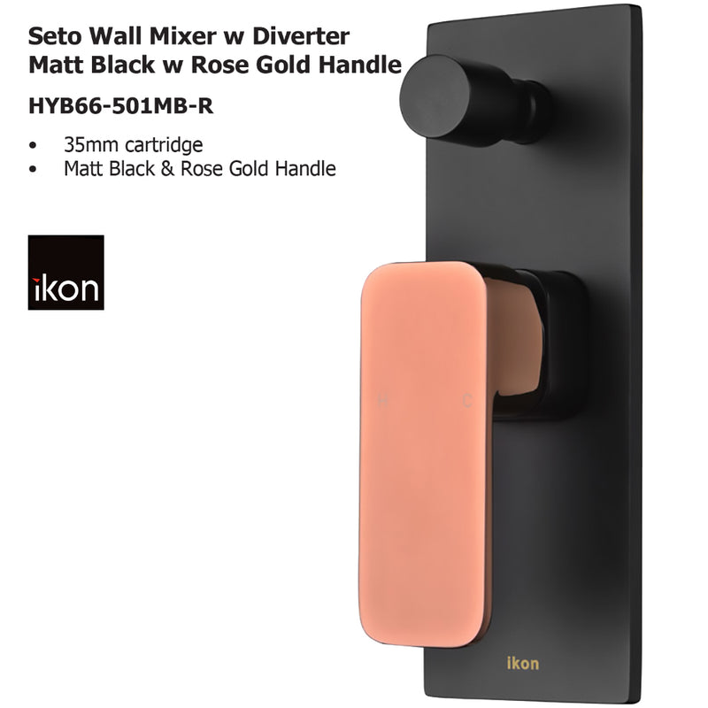 Seto Wall Mixer with Diverter Matt Black w Rose Gold Handle HYB66-501MB-R - Bathroom Hub