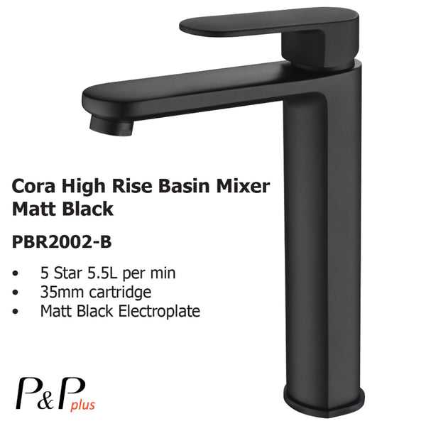 Cora High Rise Basin Mixer Matt Black PBR2002-B - Bathroom Hub