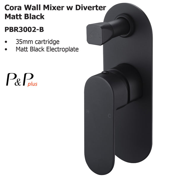 Cora Wall Mixer with Diverter Matt Black PBR3002-B - Bathroom Hub