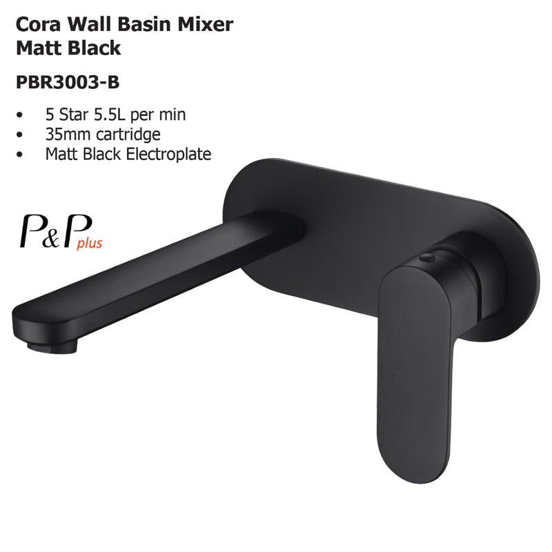 Cora Wall Basin Mixer Matt Black PBR3003LF-B - Bathroom Hub