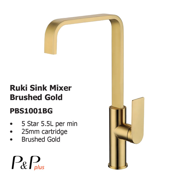 Ruki Sink Mixer Brushed Gold PBS1001BG - Bathroom Hub