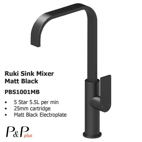 Ruki Sink Mixer Matt Black PBS1001MB - Bathroom Hub