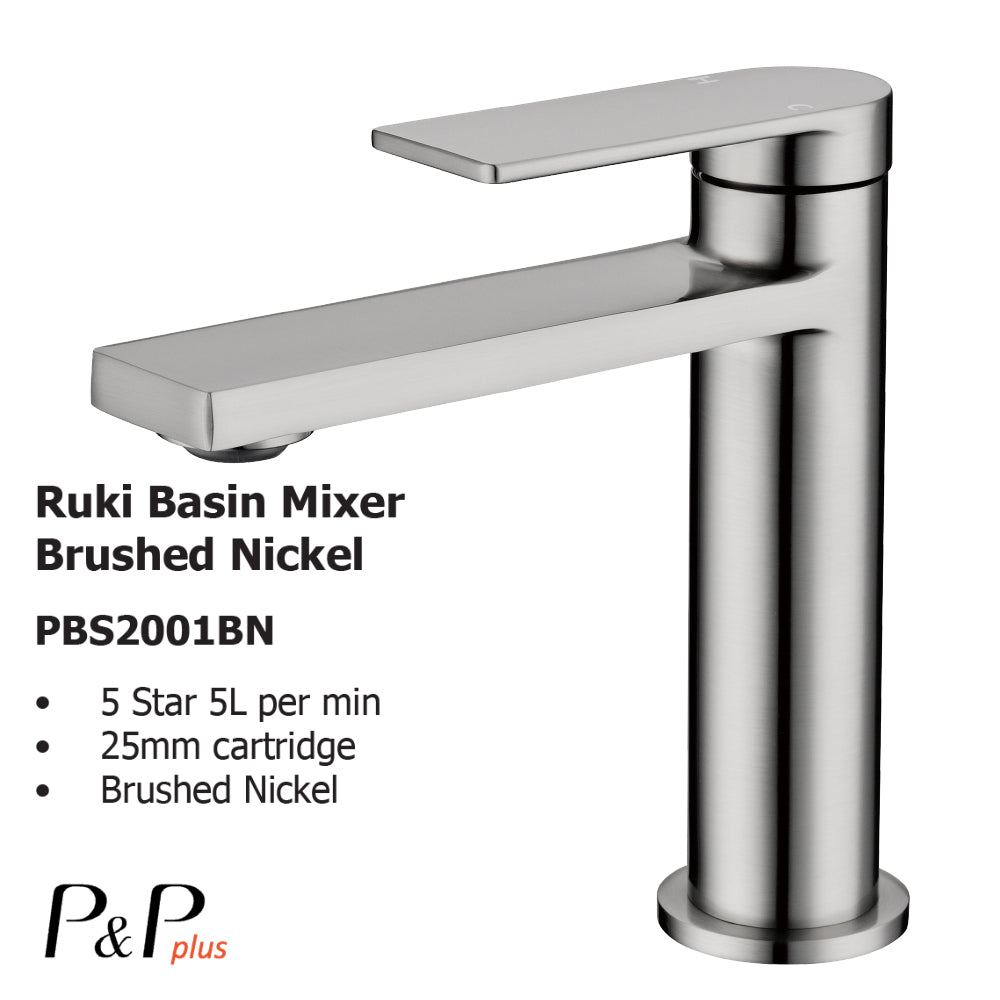 Ruki Basin Mixer Brushed Nickel PBS2001LF-BN - Bathroom Hub