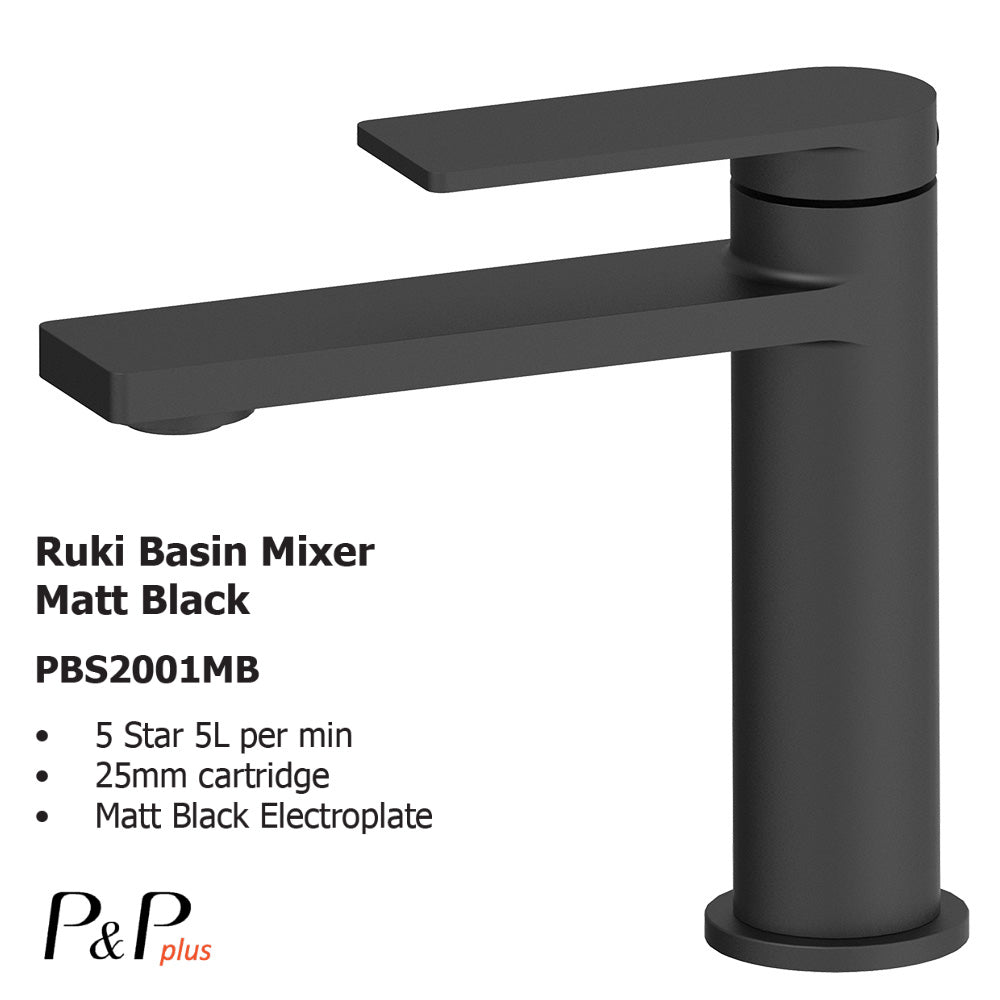 Ruki Basin Mixer Matt Black PBS2001LF-MB - Bathroom Hub