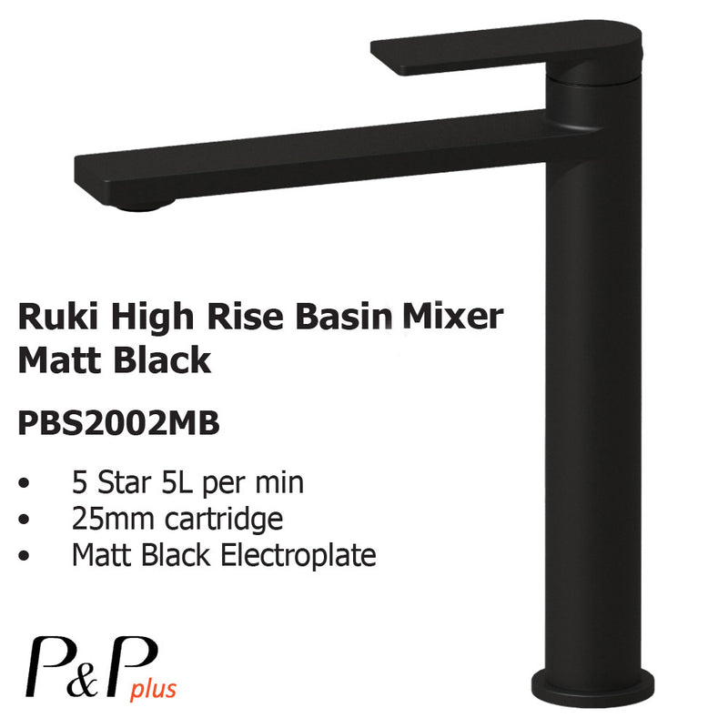 Ruki High Rise Basin Mixer Matt Black PBS2002LF-MB - Bathroom Hub