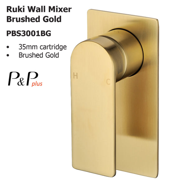 Ruki Wall Mixer Brushed Gold PBS3001BG - Bathroom Hub