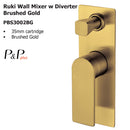 Ruki Wall Mixer with Diverter Brushed Gold PBS3002BG - Bathroom Hub