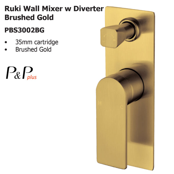 Ruki Wall Mixer with Diverter Brushed Gold PBS3002BG - Bathroom Hub