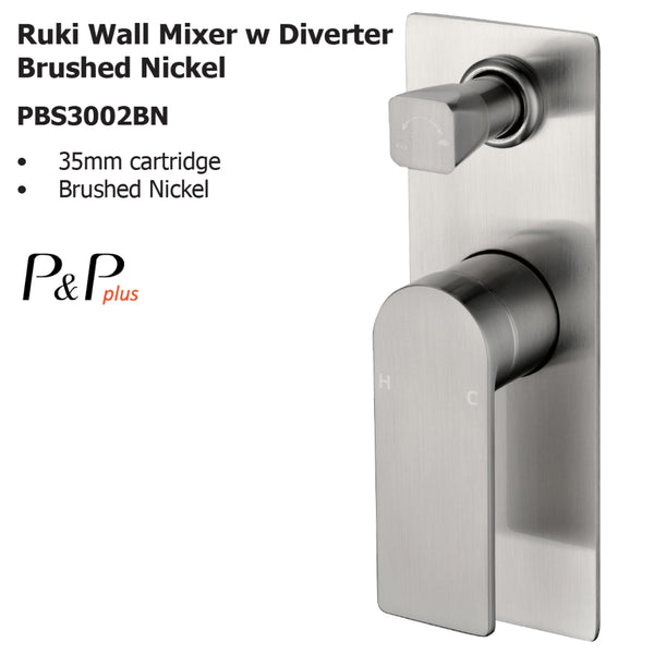 Ruki Wall Mixer with Diverter Brushed Nickel PBS3002BN - Bathroom Hub