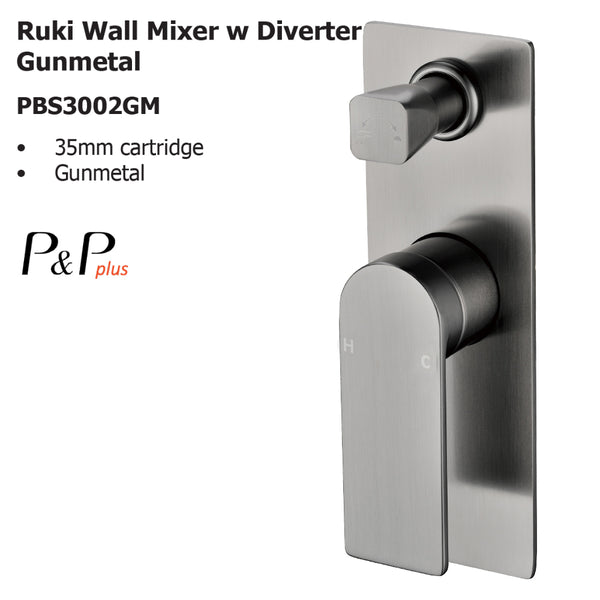 Ruki Wall Mixer with Diverter Gunmetal PBS3002GM - Bathroom Hub