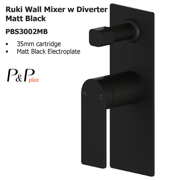 Ruki Wall Mixer with Diverter Matt Black PBS3002MB - Bathroom Hub