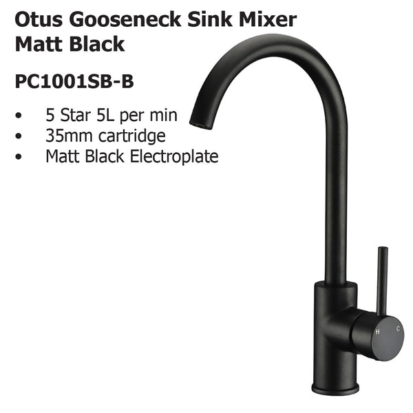 Otus Gooseneck Sink Mixer Matt Black PC1001LF-B