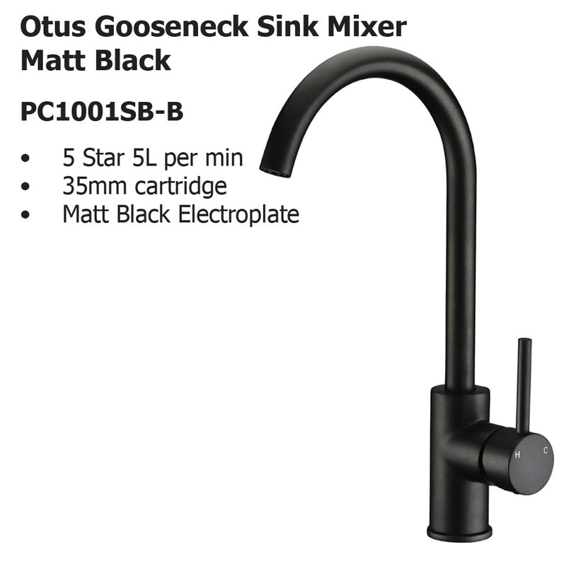 Otus Gooseneck Sink Mixer Matt Black PC1001LF-B