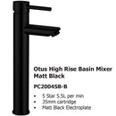 Otus High Rise Basin Mixer Matt Black PC2004LF-B