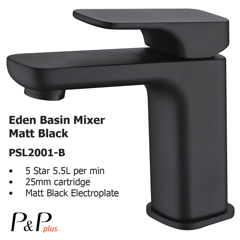 Eden Basin Mixer Matt Black PSL2001LF-B - Bathroom Hub