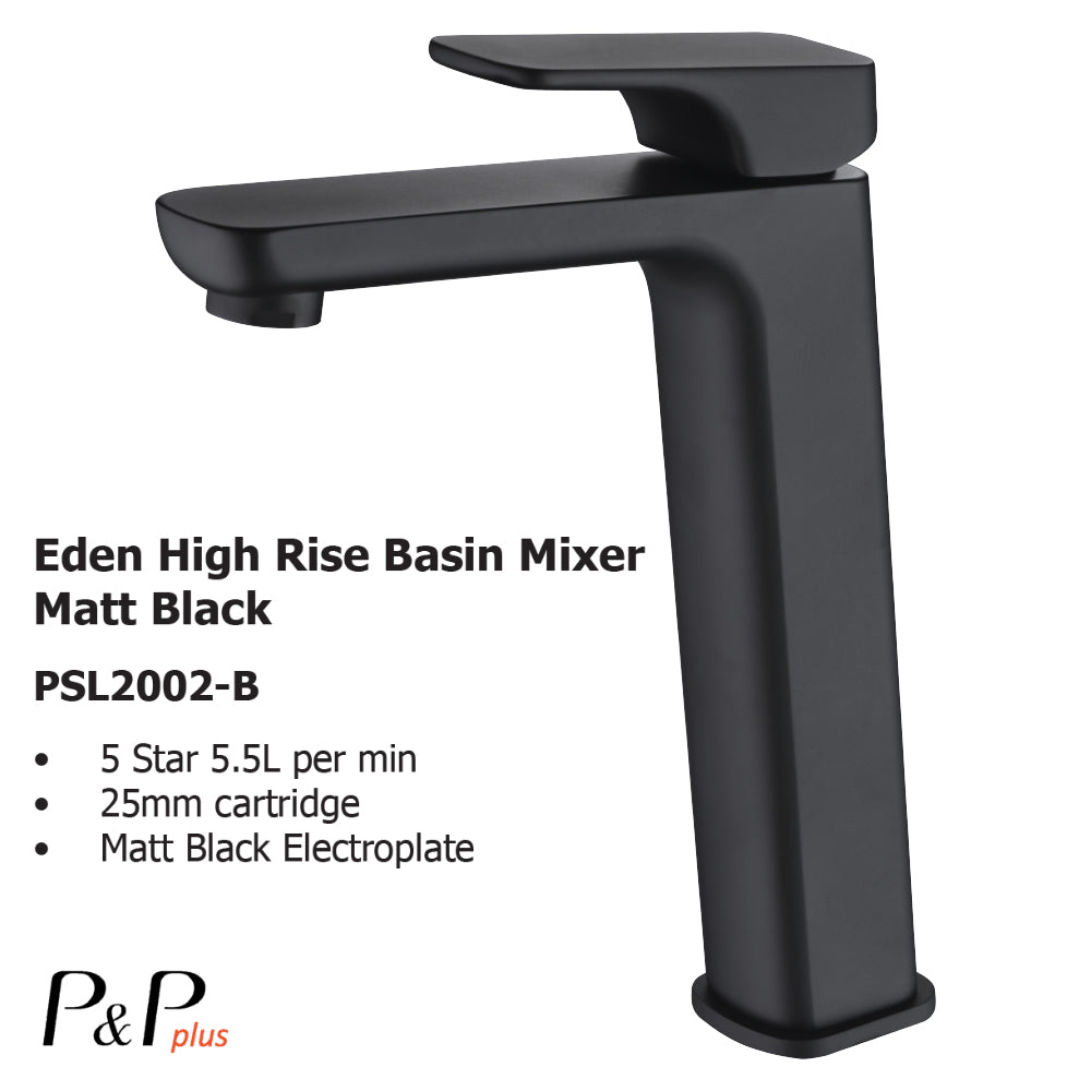 Eden High Rise Basin Mixer Matt Black PSL2002LF-B - Bathroom Hub