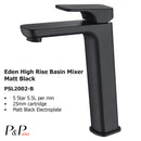 Eden High Rise Basin Mixer Matt Black PSL2002LF-B