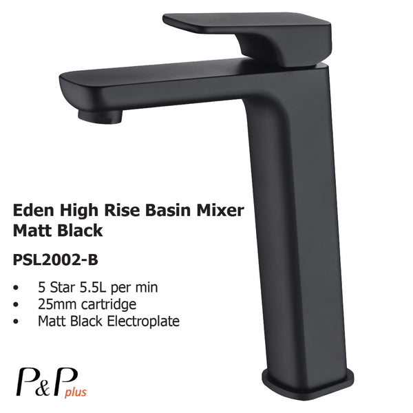 Eden High Rise Basin Mixer Matt Black PSL2002LF-B
