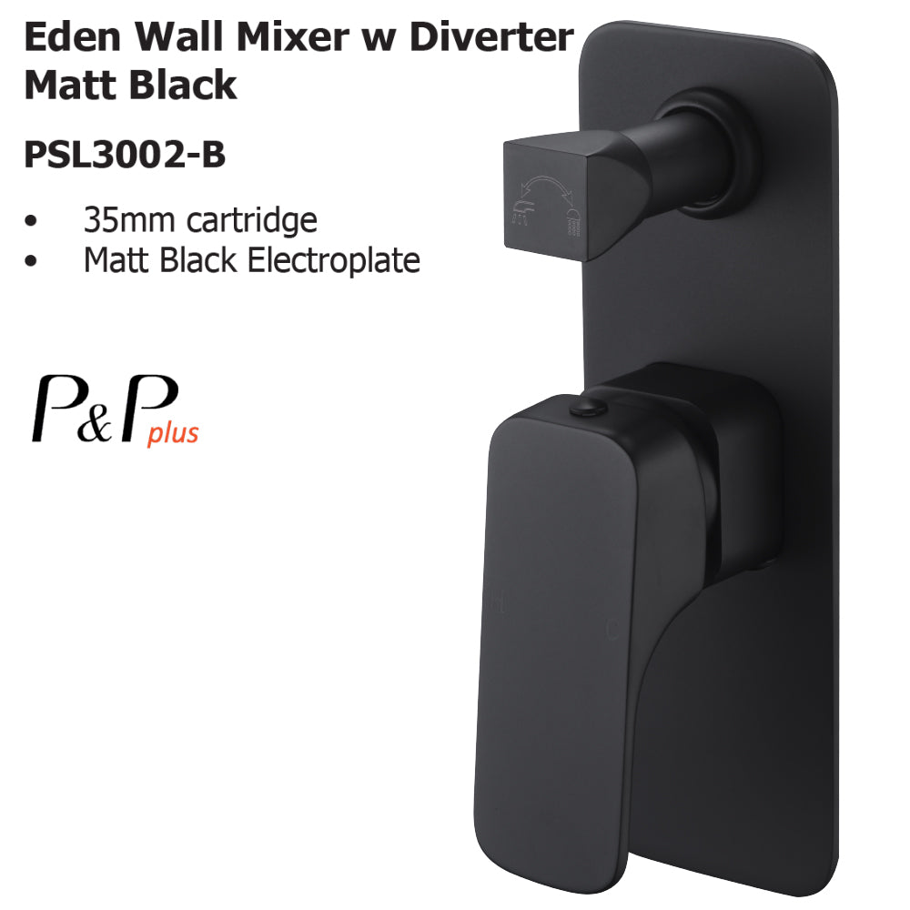 Eden Wall Mixer With Diverter Matt Black PSL3002LF-B