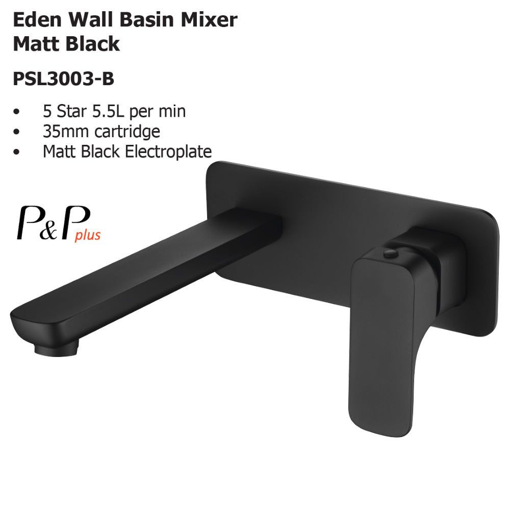 Eden Wall Basin Mixer Matt Black PSL3003LF-B - Bathroom Hub