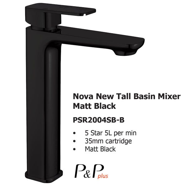 Nova New Tall Basin Mixer Matt Black PSR2004SB-B