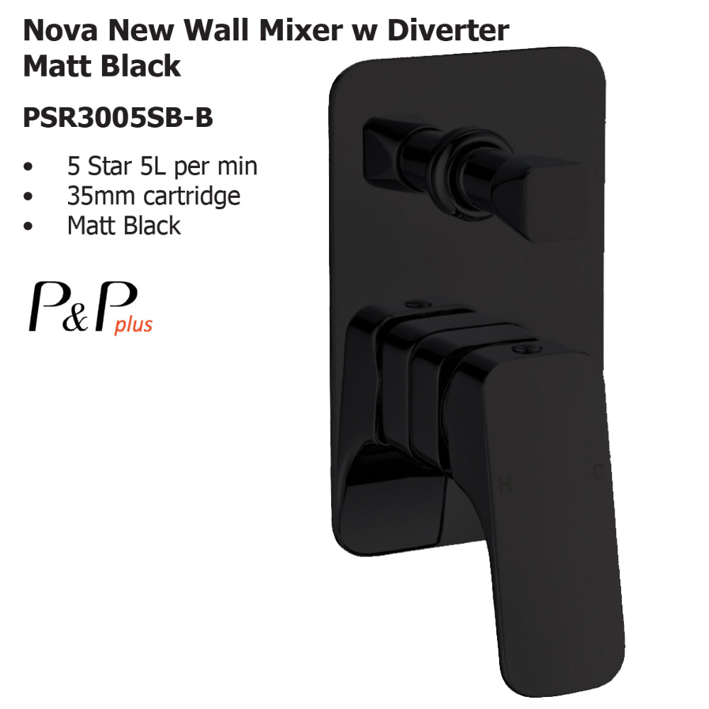 Nova New Wall Mixer With Diverter Matt Black PSR3005SB-B
