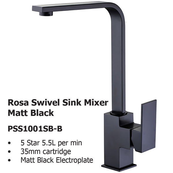 Rosa Swivel Sink Mixer Matt Black PSS1001LF-B