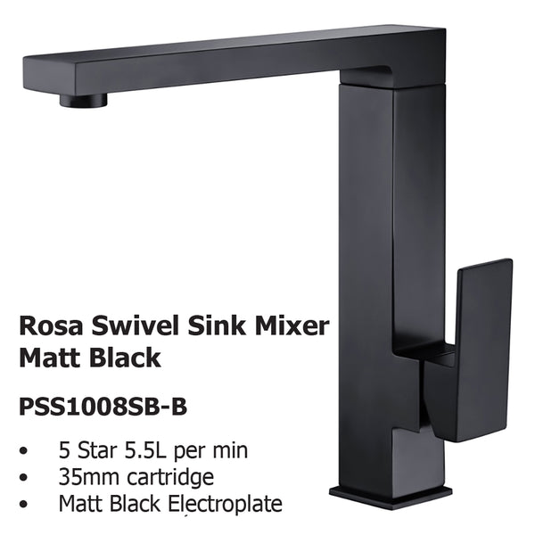 Rosa Swivel Sink Mixer Matt Black PSS1008SB-B