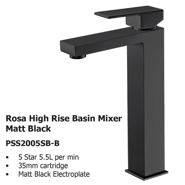 Rosa High Rise Basin Mixer Matt Black PSS2005LF-MB